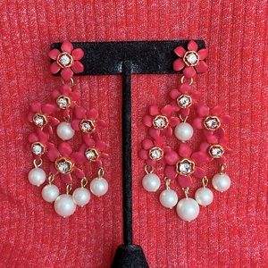 3” long J.Crew Flower Floral Statement Chandelier Rhinestones Pearl Earrings